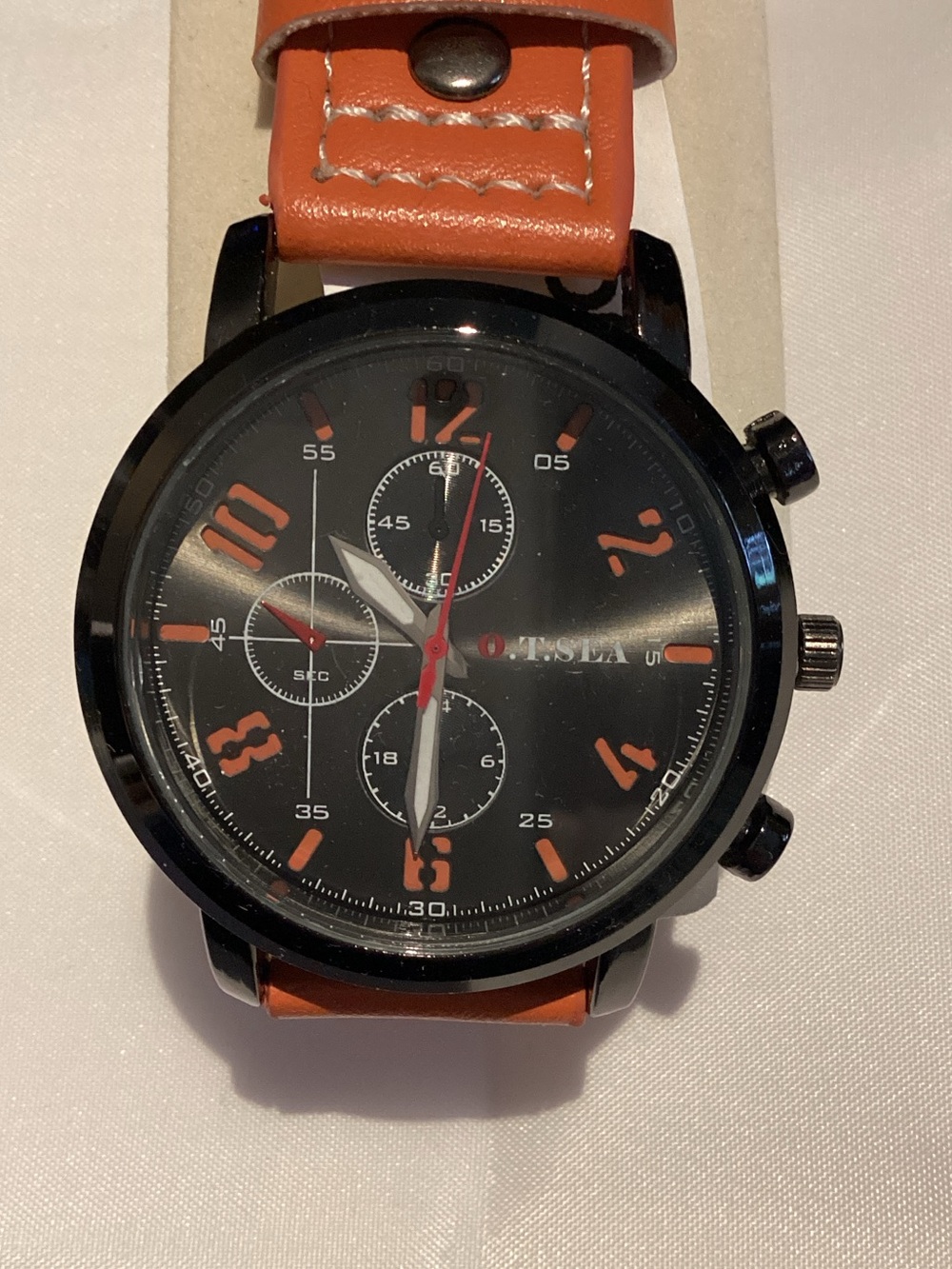 O.T.SEA Men's Black Dial Watch with Orange Strap and Accents